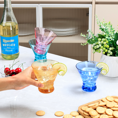 NUTRIUPS 8oz Colorful Stemless Martini Glasses Set of 4, Blue/Yellow/Pink/Green Cocktail Cups, Bar Glassware for Home Party, Wedding & Daily Use (Multi)