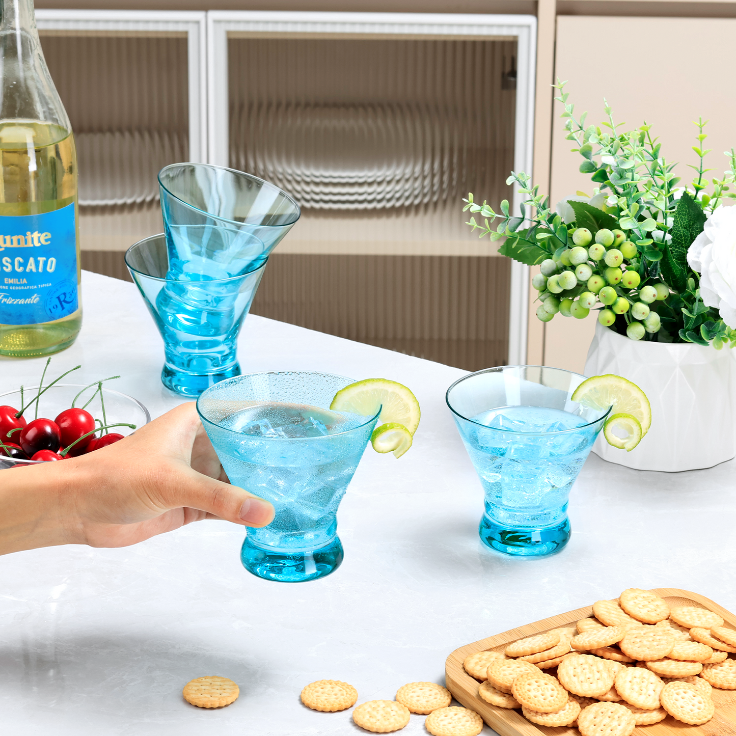 NUTRIUPS 8oz Colorful Stemless Martini Glasses Set of 4, Green Cocktail Cups, Bar Glassware for Home Party, Wedding & Daily Use (Turquoise Green)