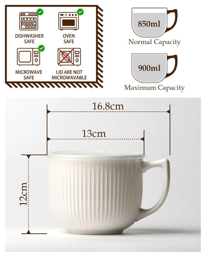 NUTRIUPS Soup Bowls with Handles, 900ml Microwave Soup Bowl with Lid, Soup Mug with Handles, Bowl for Ramen, Noodle, Porridge (White)