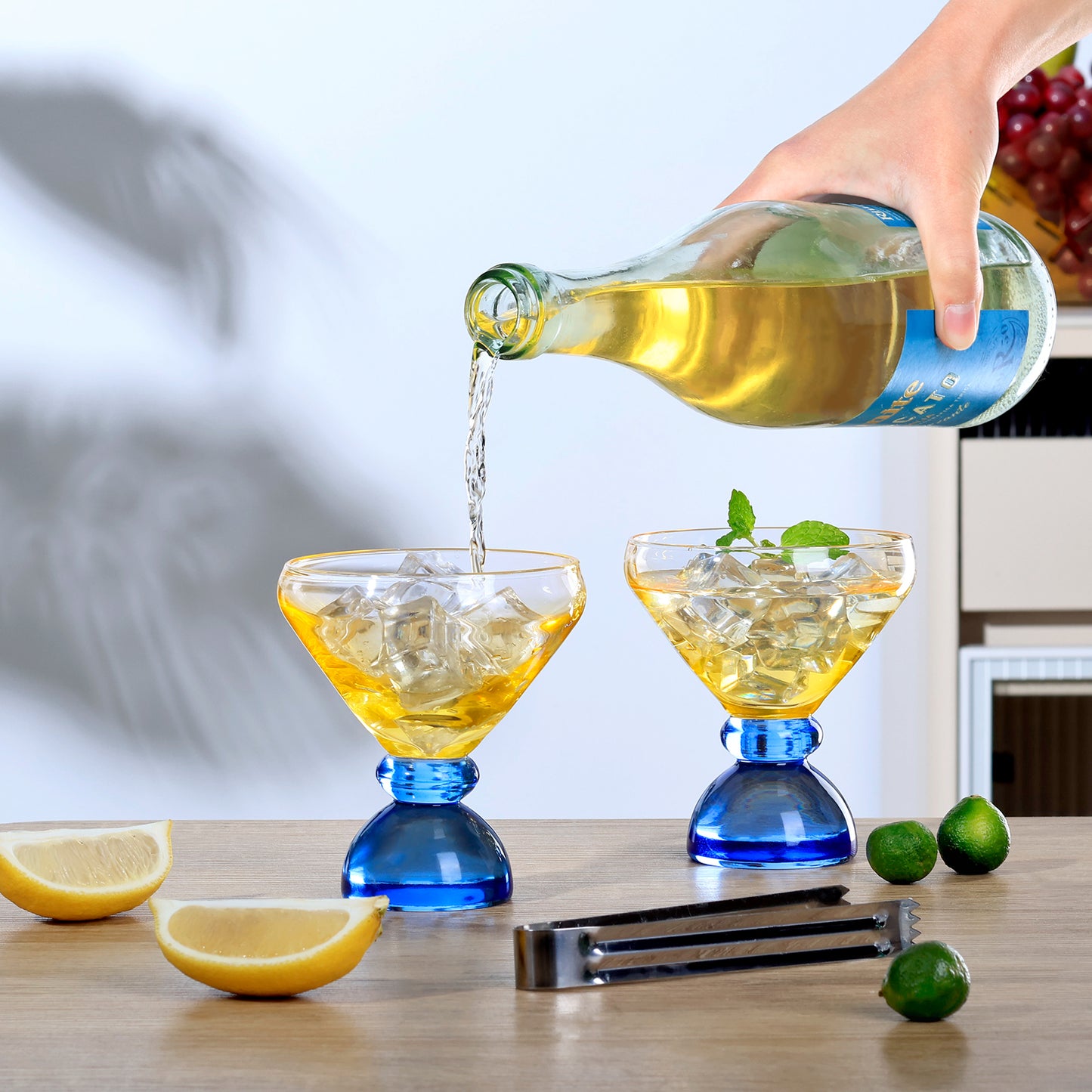 NUTRIUPS 7oz Hand-made Stemless Martini Glasses, Color-block Solid Glass Base Heavy-duty Cocktail Glasses, Aroma-Locking Rim Glasses for Home Bar Party Gifts (Sunshine & Sky Duo)