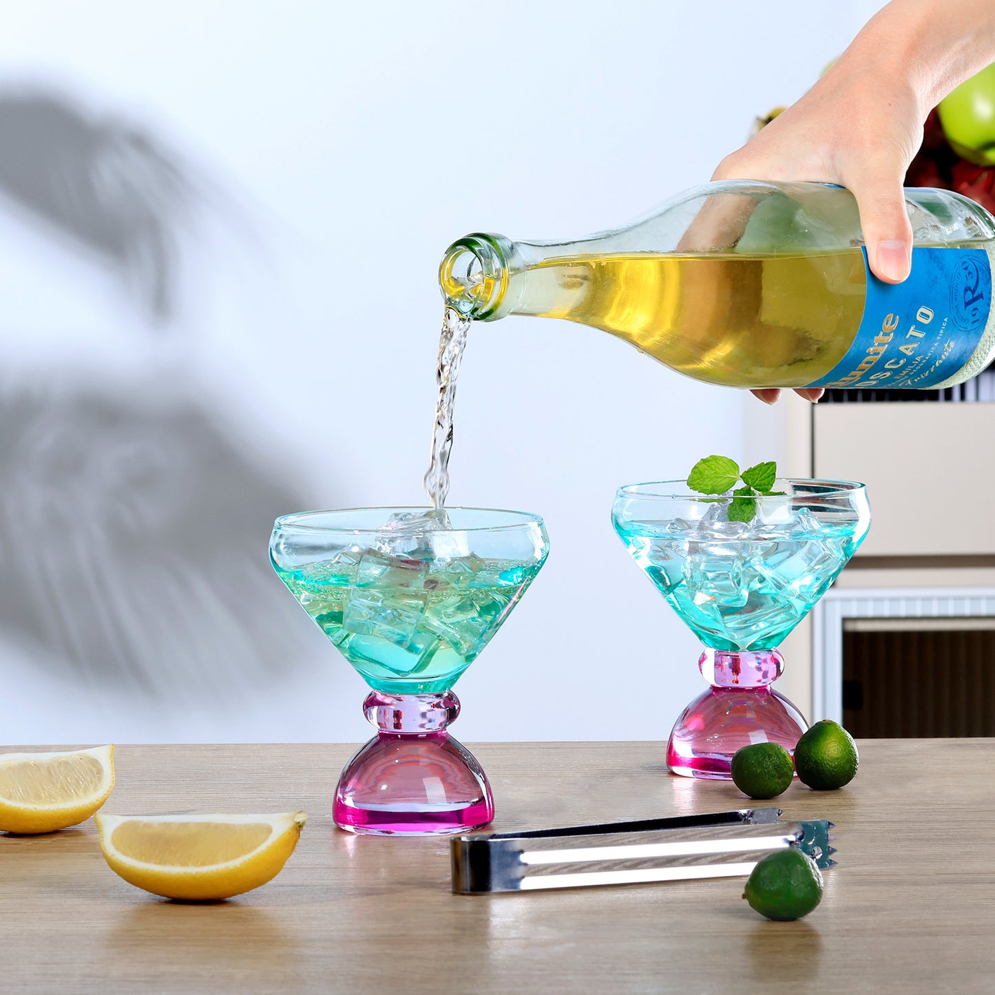 NUTRIUPS 7oz Hand-made Stemless Martini Glasses, Color-block Solid Glass Base Heavy-duty Cocktail Glasses, Aroma-Locking Rim Glasses for Home Bar Party Gifts (Jade & Rosé Switch Set)