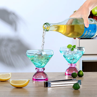NUTRIUPS 7oz Hand-made Stemless Martini Glasses, Color-block Solid Glass Base Heavy-duty Cocktail Glasses, Aroma-Locking Rim Glasses for Home Bar Party Gifts (Jade & Rosé Switch Set)