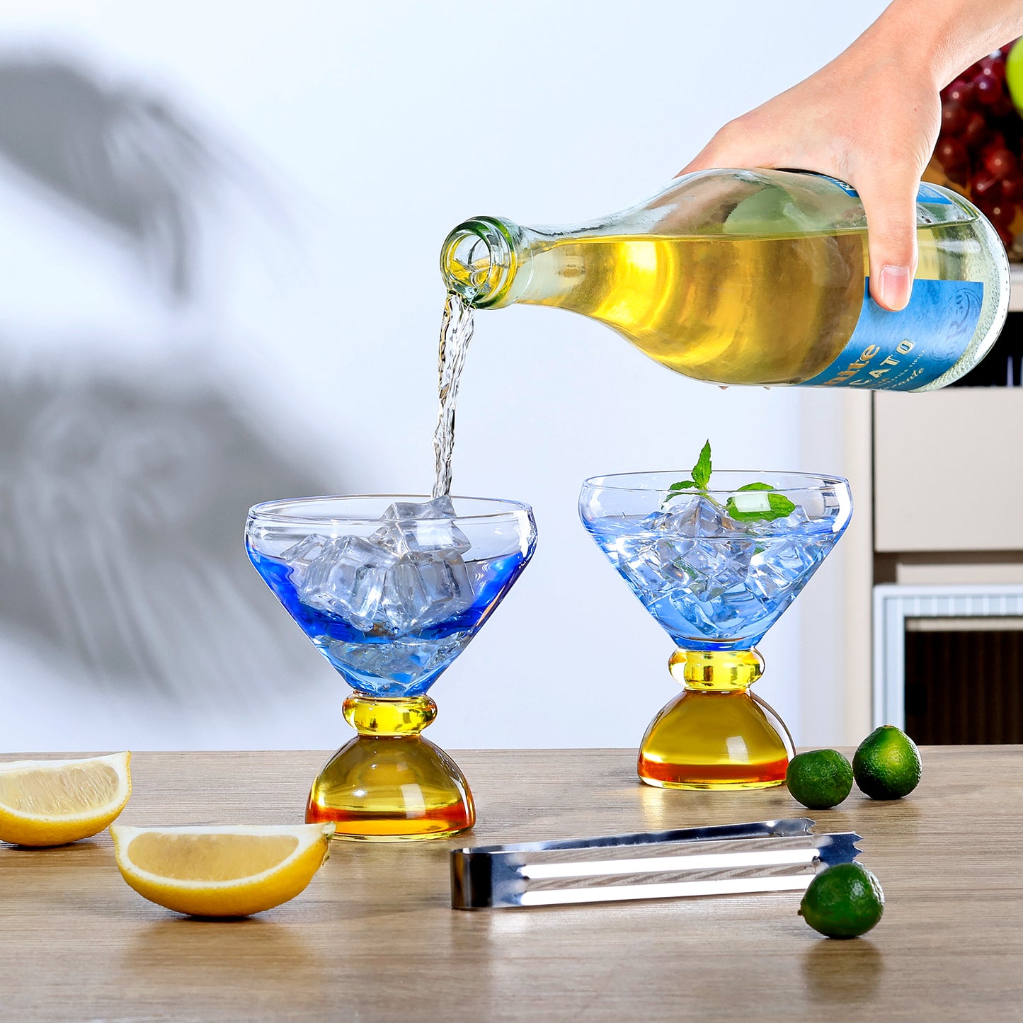 NUTRIUPS 7oz Hand-made Stemless Martini Glasses, Color-block Solid Glass Base Heavy-duty Cocktail Glasses, Aroma-Locking Rim Glasses for Home Bar Party Gifts (Azure & Mango Switch Duo)