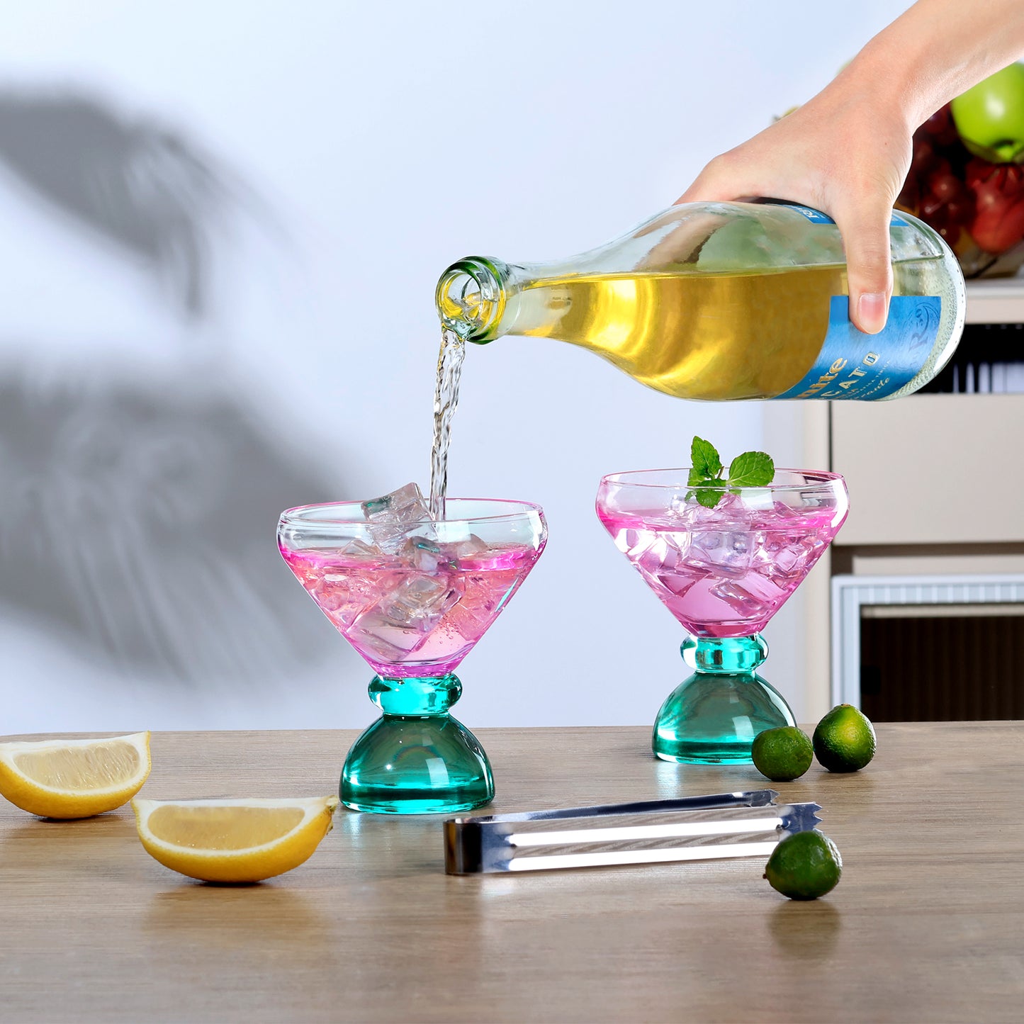 NUTRIUPS 7oz Hand-made Stemless Martini Glasses, Color-block Solid Glass Base Heavy-duty Cocktail Glasses, Aroma-Locking Rim Glasses for Home Bar Party Gifts (Sherbet Pink & Sage Pair)