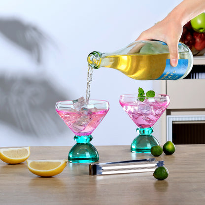 NUTRIUPS 7oz Hand-made Stemless Martini Glasses, Color-block Solid Glass Base Heavy-duty Cocktail Glasses, Aroma-Locking Rim Glasses for Home Bar Party Gifts (Sherbet Pink & Sage Pair)