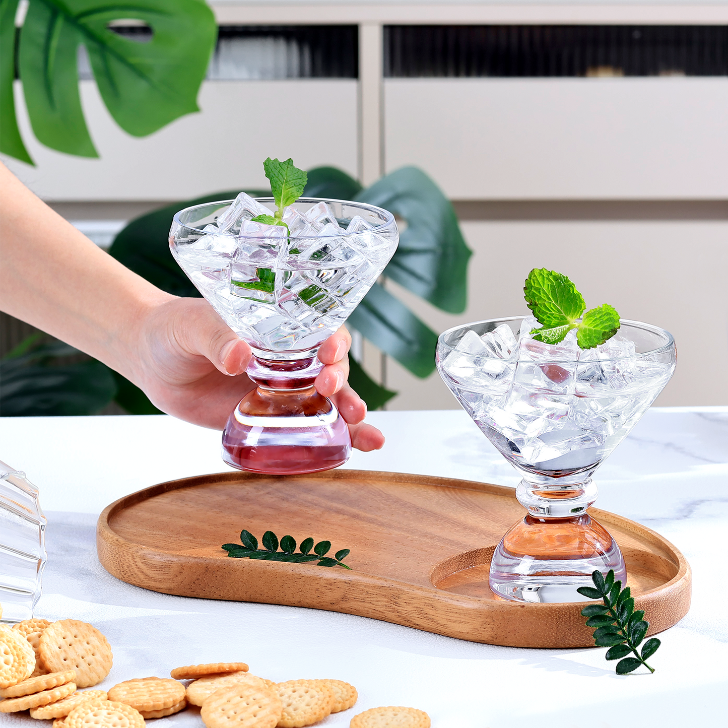NUTRIUPS Hand-made Stemless Martini Glasses, 7oz Heavy-duty Solid Glass Base Cocktail Glasses, Aroma-Locking Rim Clear Glasses for Home Bar Party Gifts