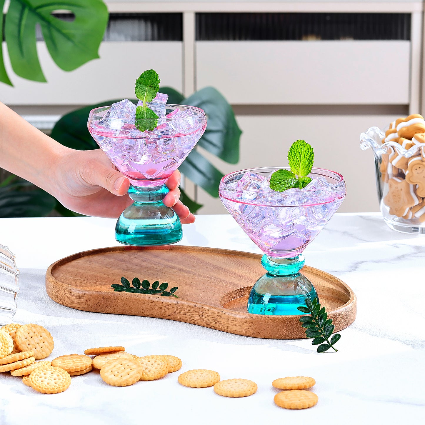 NUTRIUPS 7oz Hand-made Stemless Martini Glasses, Color-block Solid Glass Base Heavy-duty Cocktail Glasses, Aroma-Locking Rim Glasses for Home Bar Party Gifts (Sherbet Pink & Sage Pair)