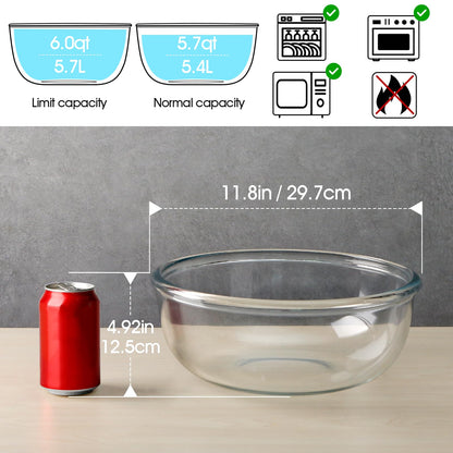 NUTRIUPS 6 Quart Large Glass Mixing Bowl, Clear Large Salad Bowls Glass Big Mixing Bowls for Kitchen