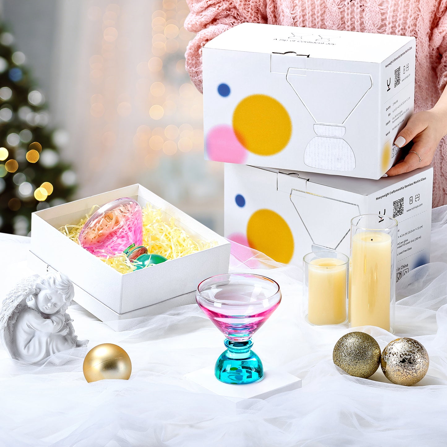 NUTRIUPS 7oz Hand-made Stemless Martini Glasses, Color-block Solid Glass Base Heavy-duty Cocktail Glasses, Aroma-Locking Rim Glasses for Home Bar Party Gifts (Sherbet Pink & Sage Pair)