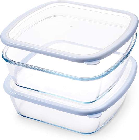 NUTRIUPS 2 Pack 9 x 9 Glass Baking Dish with Lid, 9 x 9 Baking Pan, 2.75QT LARGE and DEEP Baking Dish for Oven (Blue, 2 Pack, 2.6L)