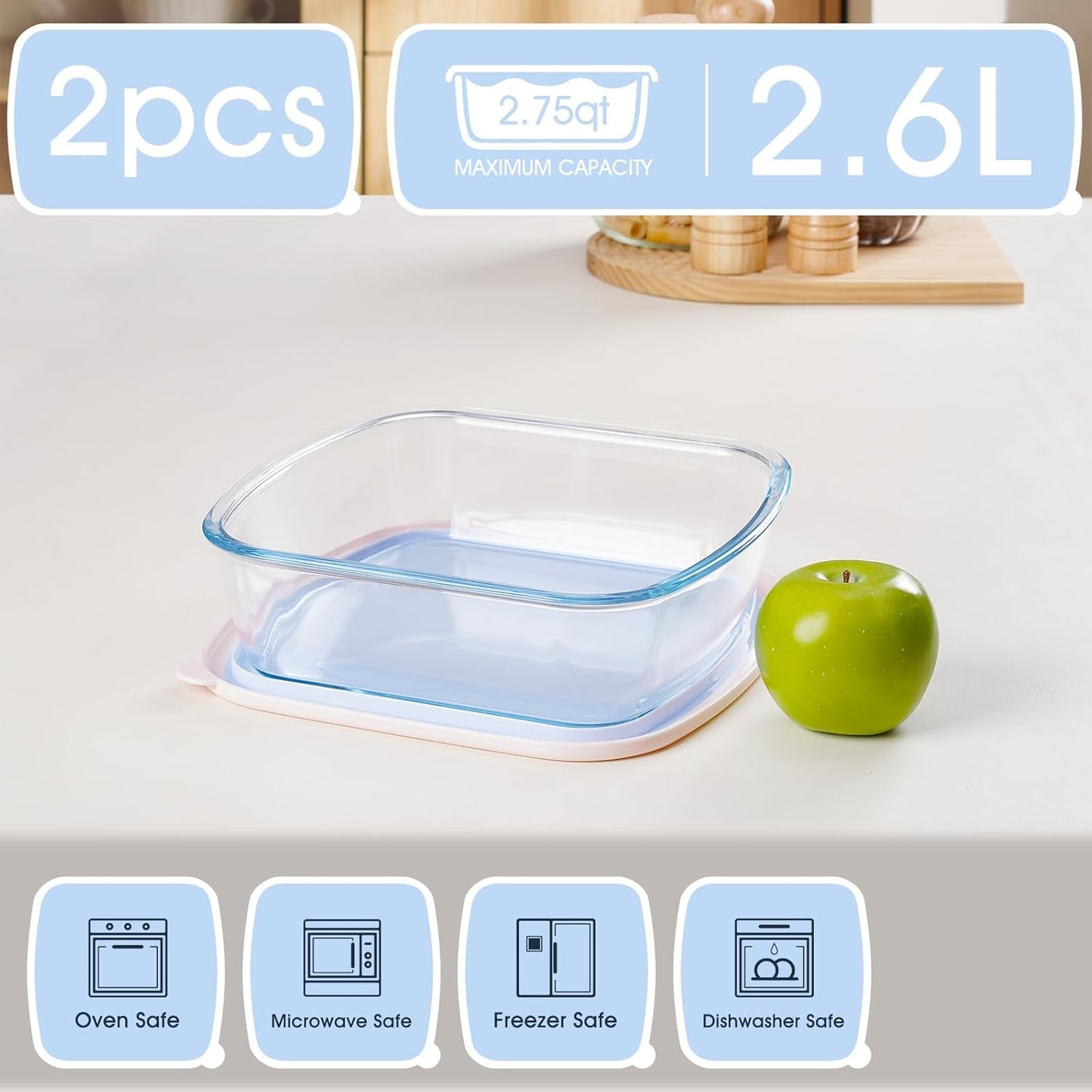 NUTRIUPS Glass Baking Dish with BPA Free Lids, Square Baking Pan, Glass Casserole Dish for Oven Dishwasher Safe, Baking Pan for Lasagna, Risotto (Blue White Contrast, 2 Pack, 2.6L)
