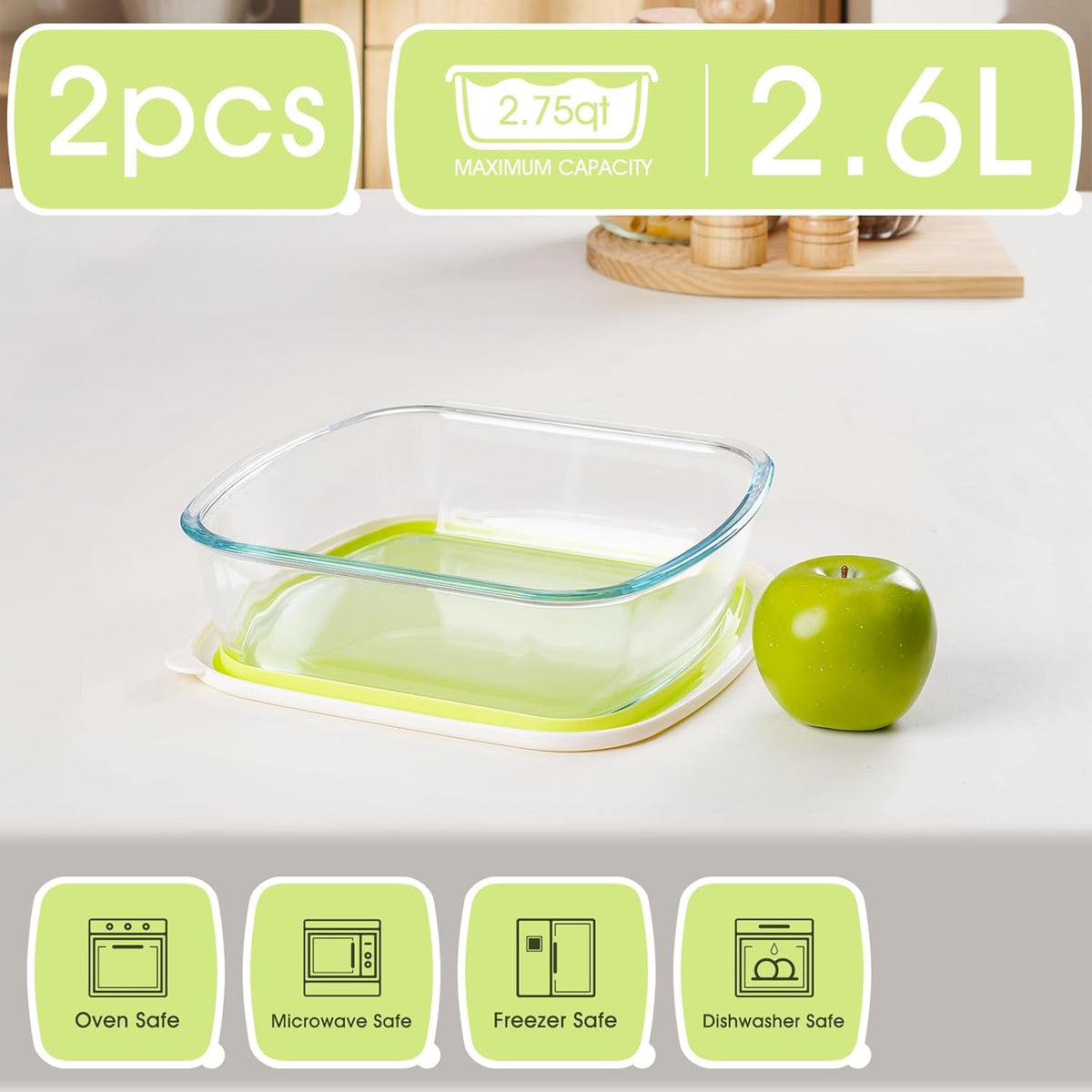 NUTRIUPS Glass Baking Dish with BPA Free Lids, Square Baking Pan, Glass Casserole Dish for Oven Dishwasher Safe, Baking Pan for Lasagna, Risotto (Yellow White Contrast, 2 Pack, 2.6L)