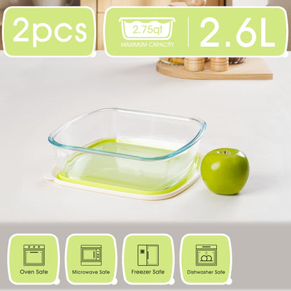NUTRIUPS Glass Baking Dish with BPA Free Lids, Square Baking Pan, Glass Casserole Dish for Oven Dishwasher Safe, Baking Pan for Lasagna, Risotto (Yellow White Contrast, 2 Pack, 2.6L)