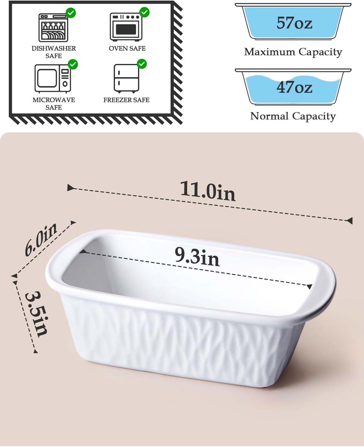 NUTRIUPS 9 x 6 Inch Rectangular Ceramic Loaf Pan for Baking Bread (White)
