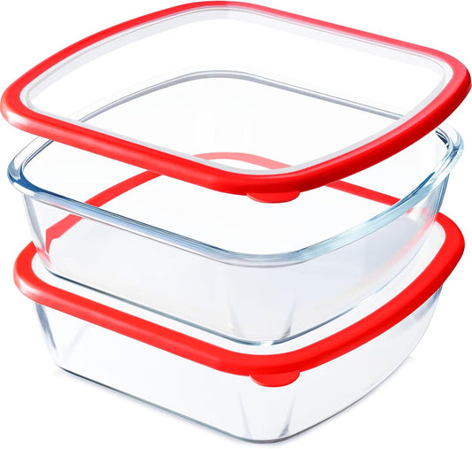 NUTRIUPS 9 x 9 Square Glass Baking Dish with Lid 2 Pack, 2.75QT LARGE and DEEP Baking Dish for Oven (Red, 2 Pack, 2.6L)