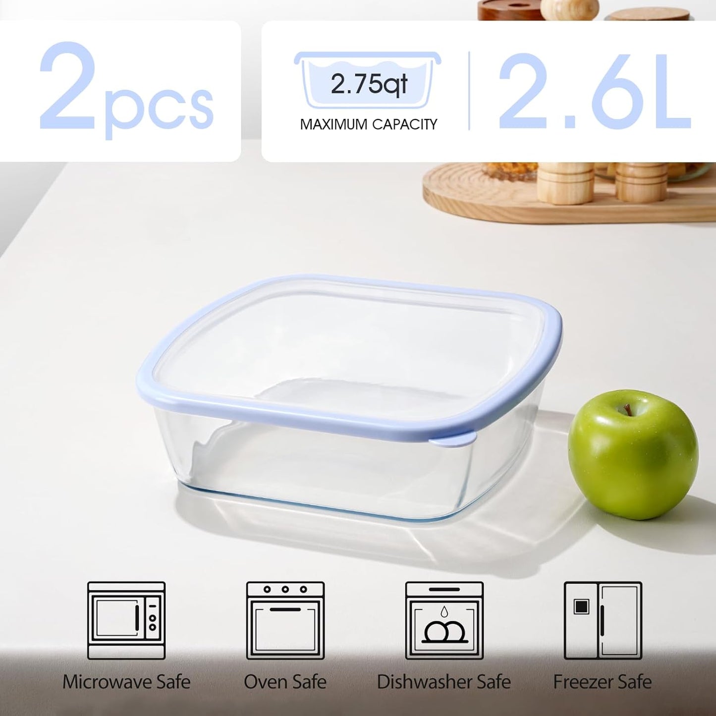 NUTRIUPS 2 Pack 9 x 9 Glass Baking Dish with Lid, 9 x 9 Baking Pan, 2.75QT LARGE and DEEP Baking Dish for Oven (Blue, 2 Pack, 2.6L)