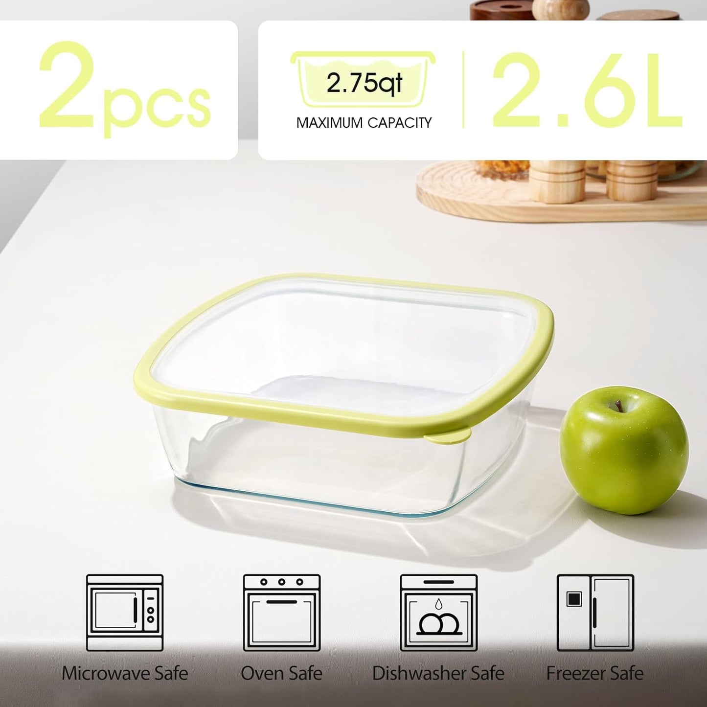 NUTRIUPS 2 Pack 9 x 9 Glass Baking Dish with Lid, 9 x 9 Baking Pan, 2.75QT LARGE and DEEP Baking Dish for Oven (Yellow, 2 Pack, 2.6L)