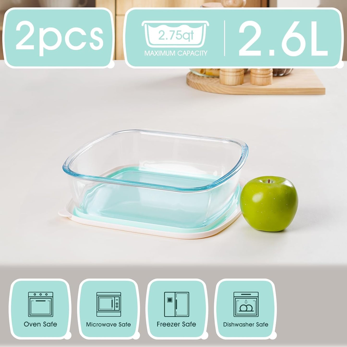 NUTRIUPS Glass Baking Dish with BPA Free Lids, Square Baking Pan, Glass Casserole Dish for Oven Dishwasher Safe, Baking Pan for Lasagna, Risotto (Green White Contrast, 2 Pack, 2.6L)