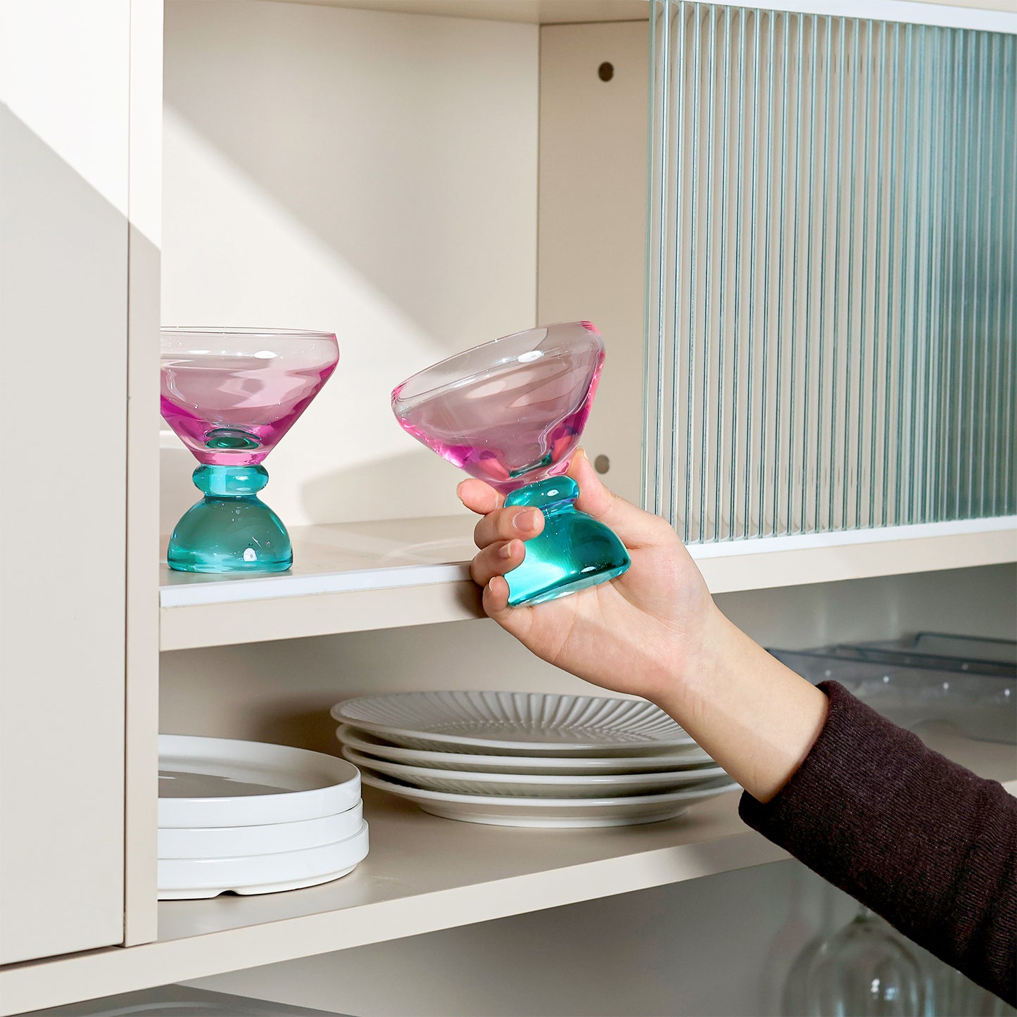 NUTRIUPS 7oz Hand-made Stemless Martini Glasses, Color-block Solid Glass Base Heavy-duty Cocktail Glasses, Aroma-Locking Rim Glasses for Home Bar Party Gifts (Sherbet Pink & Sage Pair)