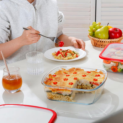 NUTRIUPS 9 x 9 Square Glass Baking Dish with Lid 2 Pack, 2.75QT LARGE and DEEP Baking Dish for Oven (Red, 2 Pack, 2.6L)