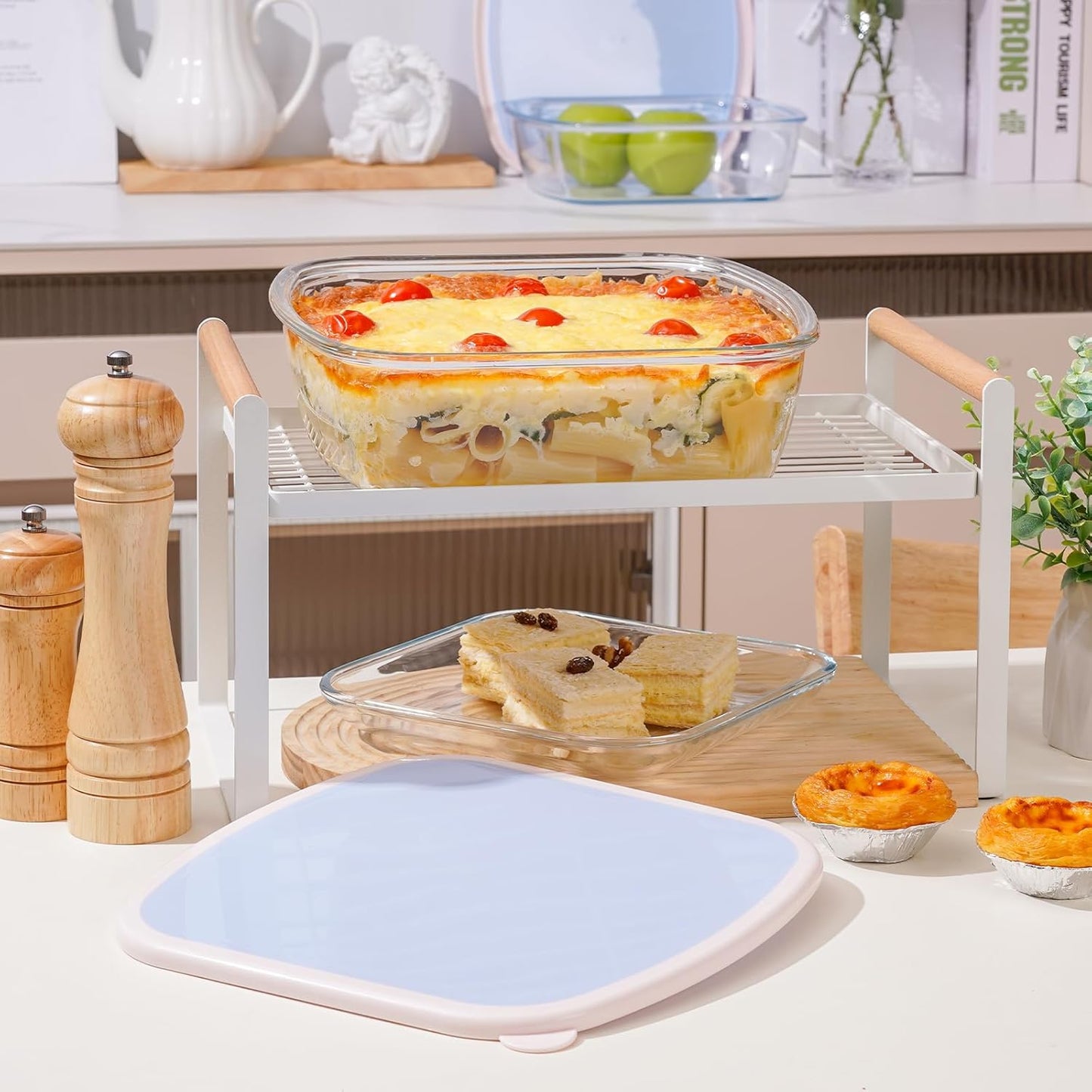NUTRIUPS Glass Baking Dish with BPA Free Lids, Square Baking Pan, Glass Casserole Dish for Oven Dishwasher Safe, Baking Pan for Lasagna, Risotto (Blue White Contrast, 2 Pack, 2.6L)