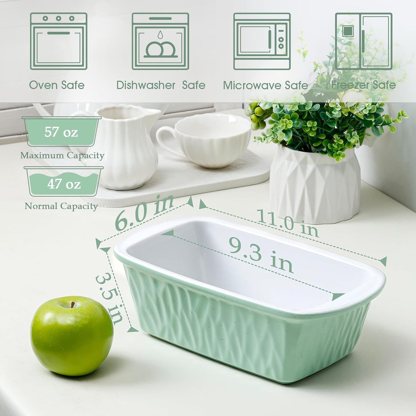 NUTRIUPS 9 x 6 Inch Rectangular Ceramic Loaf Pan for Baking Bread (Green)