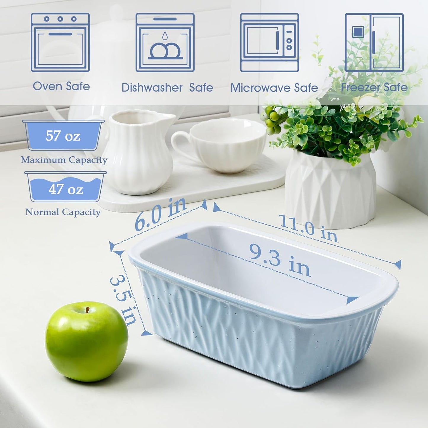 NUTRIUPS 9 x 6 Inch Rectangular Ceramic Loaf Pan for Baking Bread (Blue)