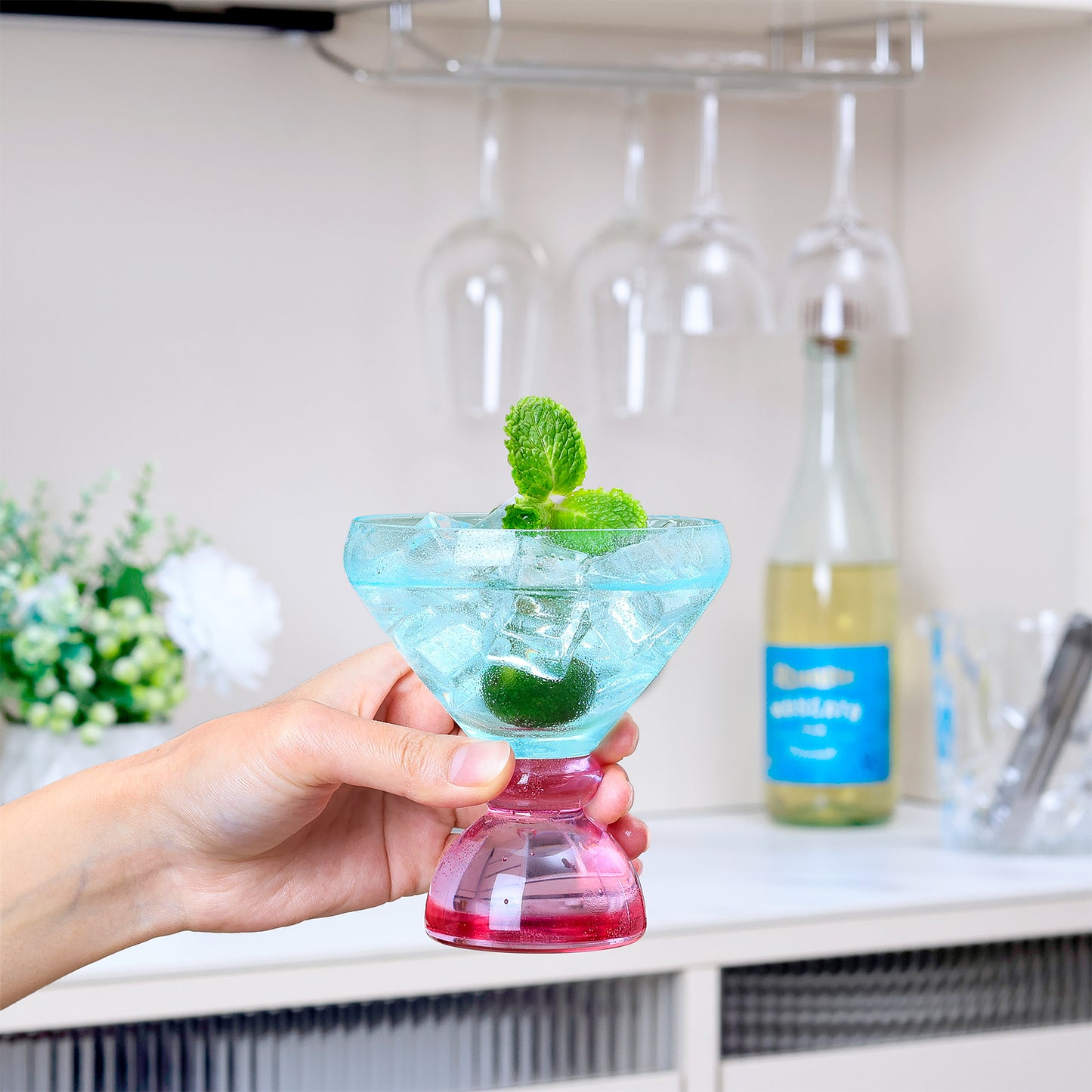 NUTRIUPS 7oz Hand-made Stemless Martini Glasses, Color-block Solid Glass Base Heavy-duty Cocktail Glasses, Aroma-Locking Rim Glasses for Home Bar Party Gifts (Jade & Rosé Switch Set)