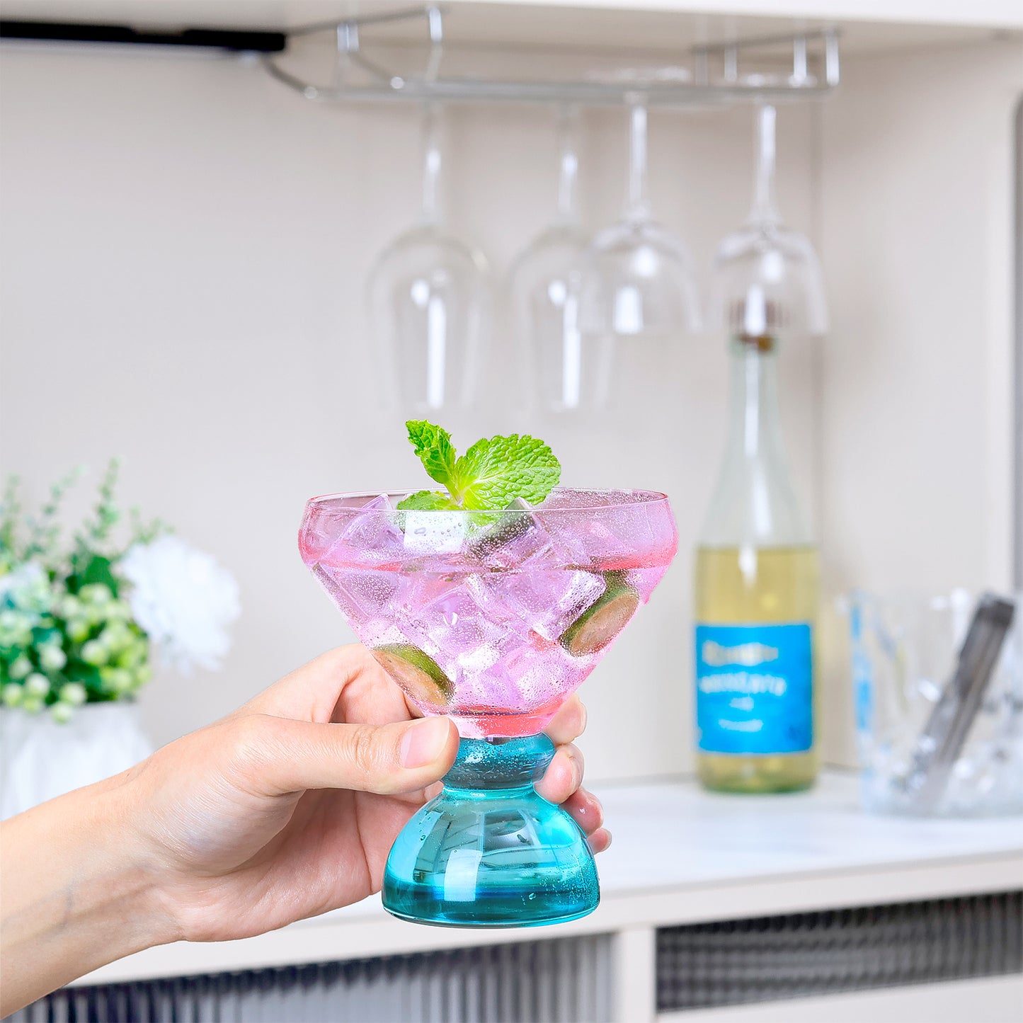 NUTRIUPS 7oz Hand-made Stemless Martini Glasses, Color-block Solid Glass Base Heavy-duty Cocktail Glasses, Aroma-Locking Rim Glasses for Home Bar Party Gifts (Sherbet Pink & Sage Pair)