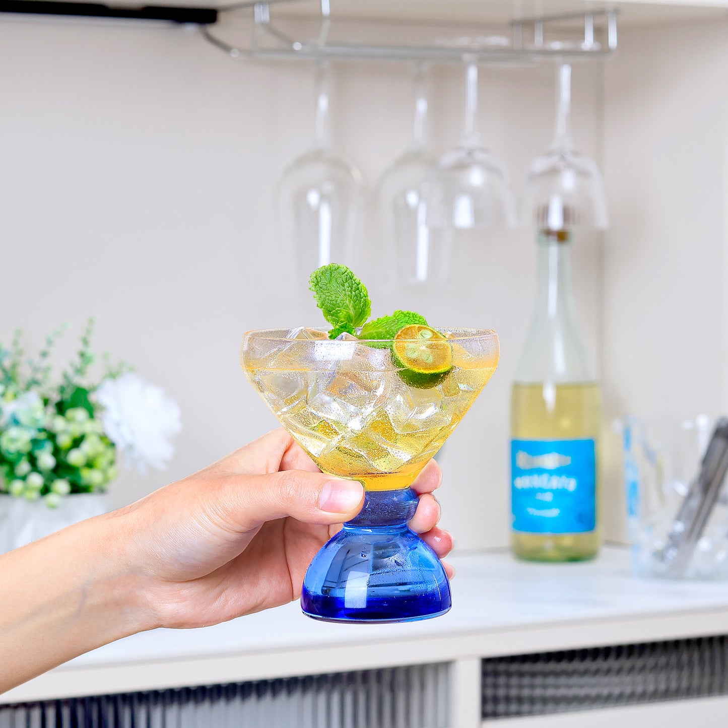 NUTRIUPS 7oz Hand-made Stemless Martini Glasses, Color-block Solid Glass Base Heavy-duty Cocktail Glasses, Aroma-Locking Rim Glasses for Home Bar Party Gifts (Sunshine & Sky Duo)