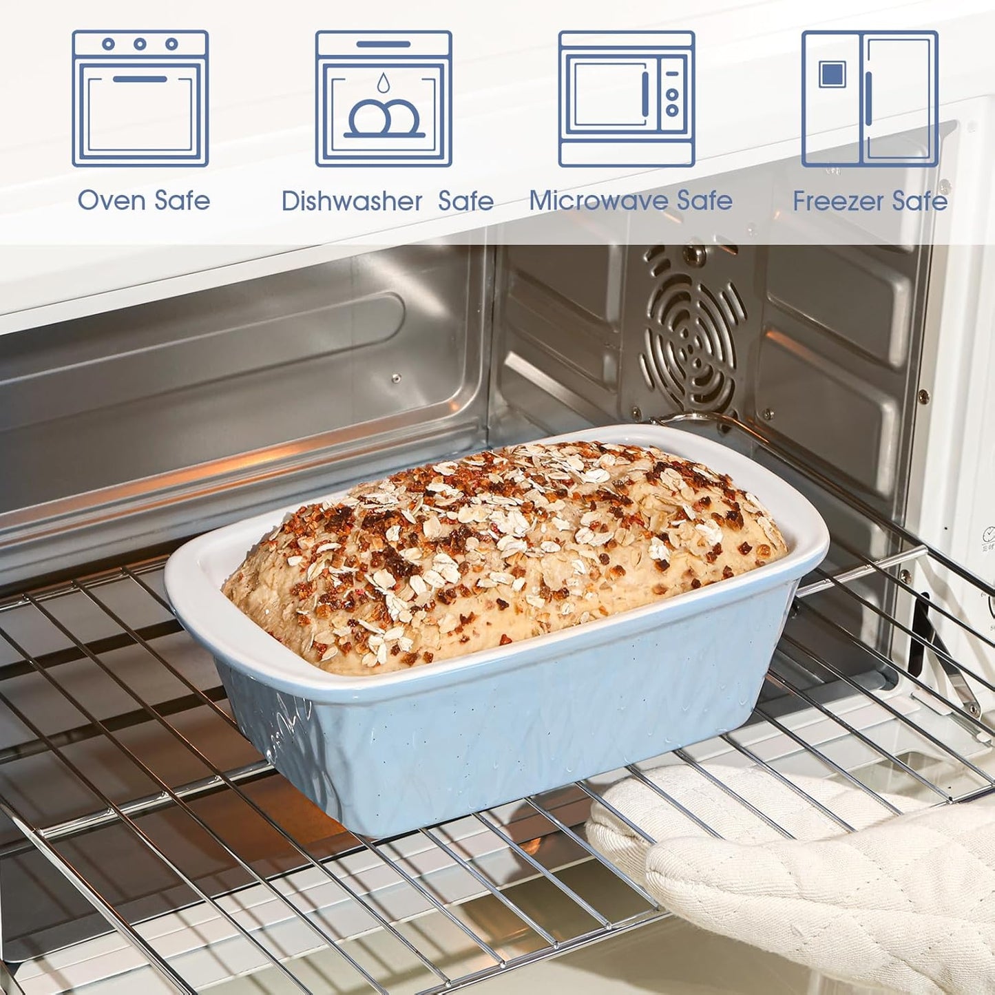 NUTRIUPS 9 x 6 Inch Rectangular Ceramic Loaf Pan for Baking Bread (Blue)