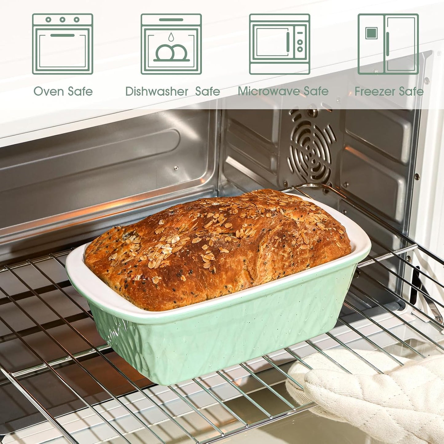 NUTRIUPS 9 x 6 Inch Rectangular Ceramic Loaf Pan for Baking Bread (Green)