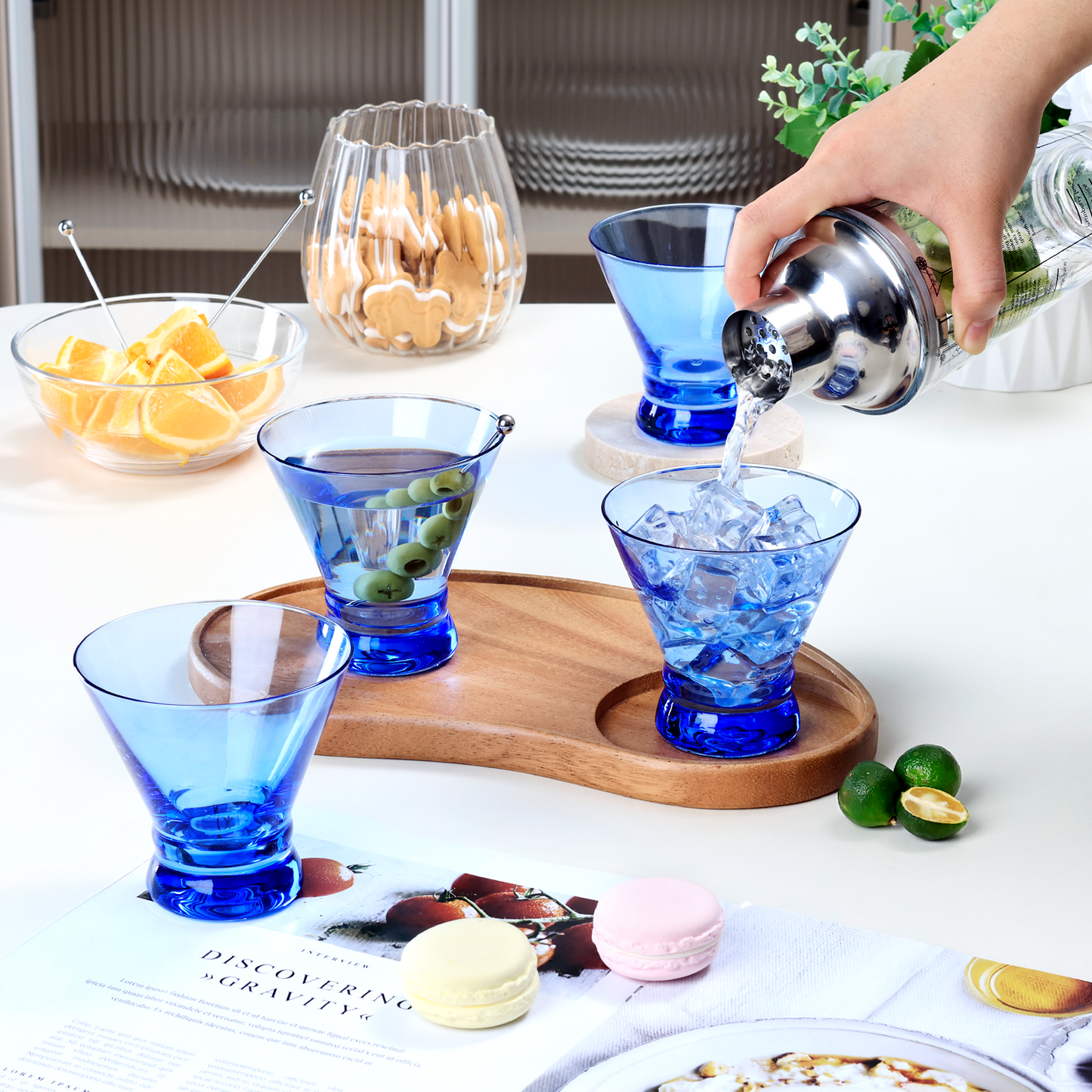 NUTRIUPS 8oz Colorful Stemless Martini Glasses Set of 4, Blue Cocktail Cups, Bar Glassware for Home Party, Wedding & Daily Use