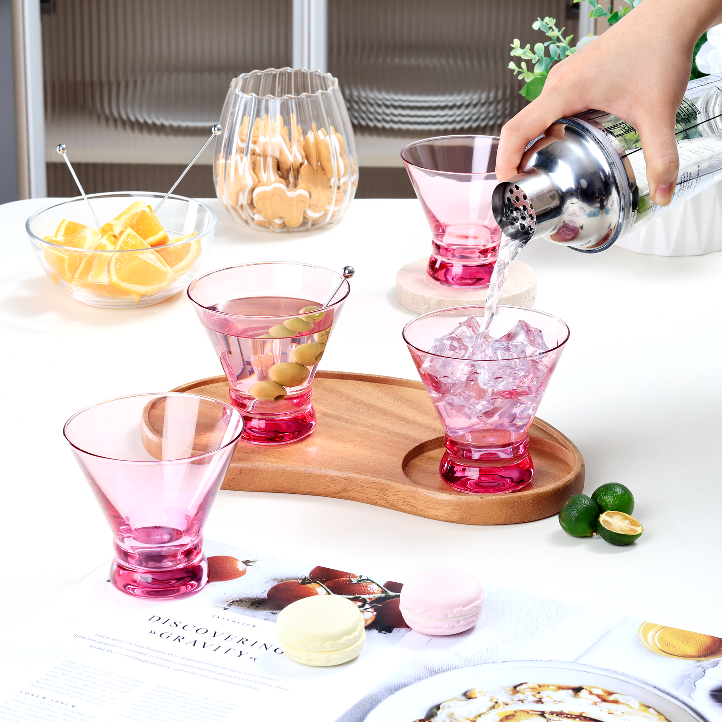 NUTRIUPS 8oz Colorful Stemless Martini Glasses, Pink Cocktail Cups, Bar Glassware for Home Party, Wedding & Daily Use, Set of 4