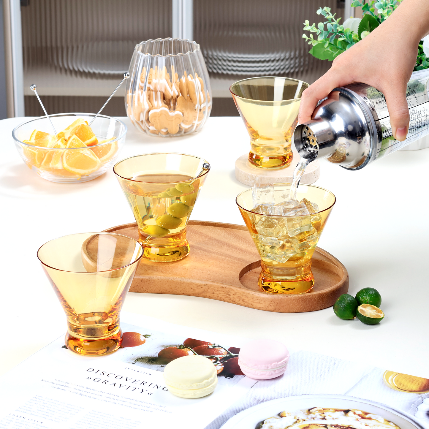 NUTRIUPS 8oz Colorful Stemless Martini Glasses Set of 4, Yellow Cocktail Cups, Bar Glassware for Home Party, Wedding & Daily Use