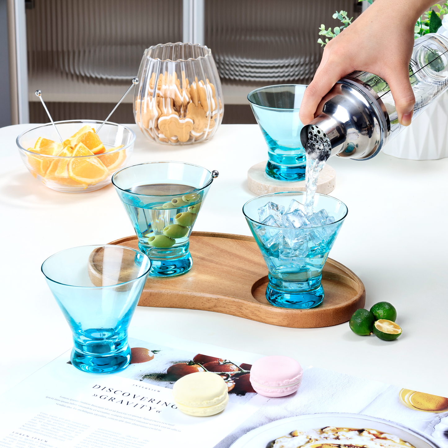 NUTRIUPS 8oz Colorful Stemless Martini Glasses Set of 4, Green Cocktail Cups, Bar Glassware for Home Party, Wedding & Daily Use (Turquoise Green)