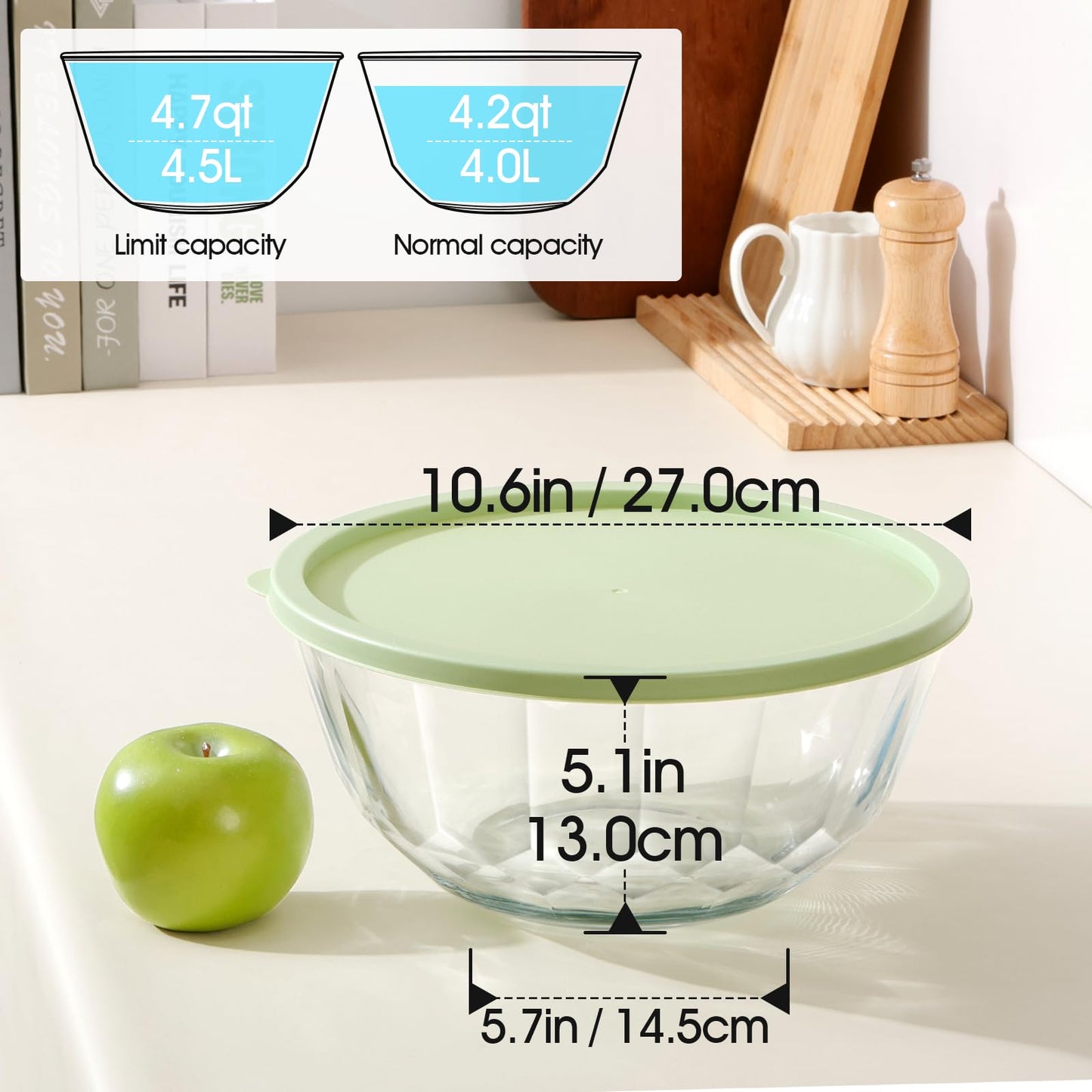 NUTRIUPS 4.7 Quart Large Glass Mixing Bowl with Lid, Deep Big Glass Bowl Large Salad Bowl (Green-A)