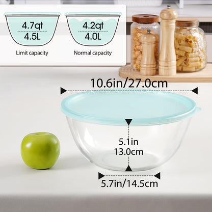 NUTRIUPS 4.7 Quart Large Glass Mixing Bowl with Lid, Deep Big Glass Bowl Large Salad Bowl (Transparent Horizon Green)