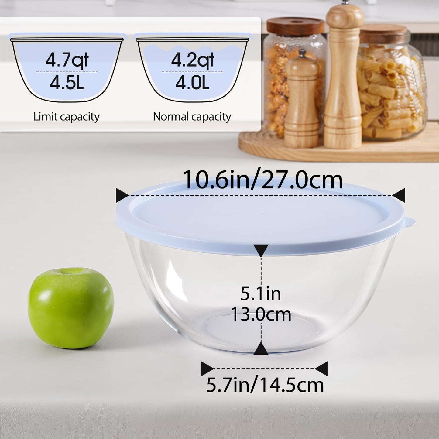 NUTRIUPS 4.7 Quart Large Glass Mixing Bowl with Lid, Deep Big Glass Bowl Large Salad Bowl (Twilight Purple)