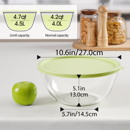 NUTRIUPS 4.7 Quart Large Glass Mixing Bowl with Lid, Deep Big Glass Bowl Large Salad Bowl (Spring Pine Green)