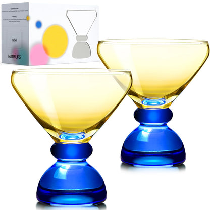 NUTRIUPS 7oz Hand-made Stemless Martini Glasses, Color-block Solid Glass Base Heavy-duty Cocktail Glasses, Aroma-Locking Rim Glasses for Home Bar Party Gifts (Sunshine & Sky Duo)