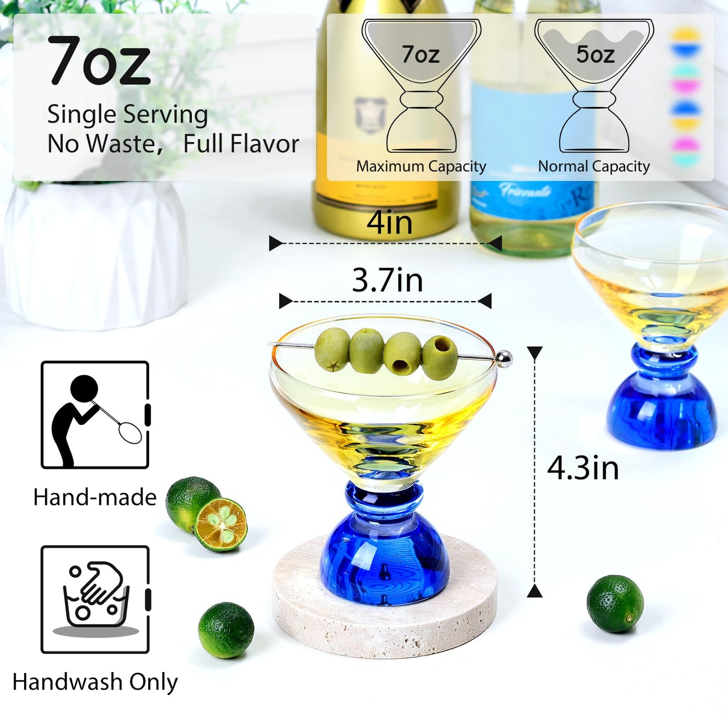 NUTRIUPS 7oz Hand-made Stemless Martini Glasses, Color-block Solid Glass Base Heavy-duty Cocktail Glasses, Aroma-Locking Rim Glasses for Home Bar Party Gifts (Sunshine & Sky Duo)