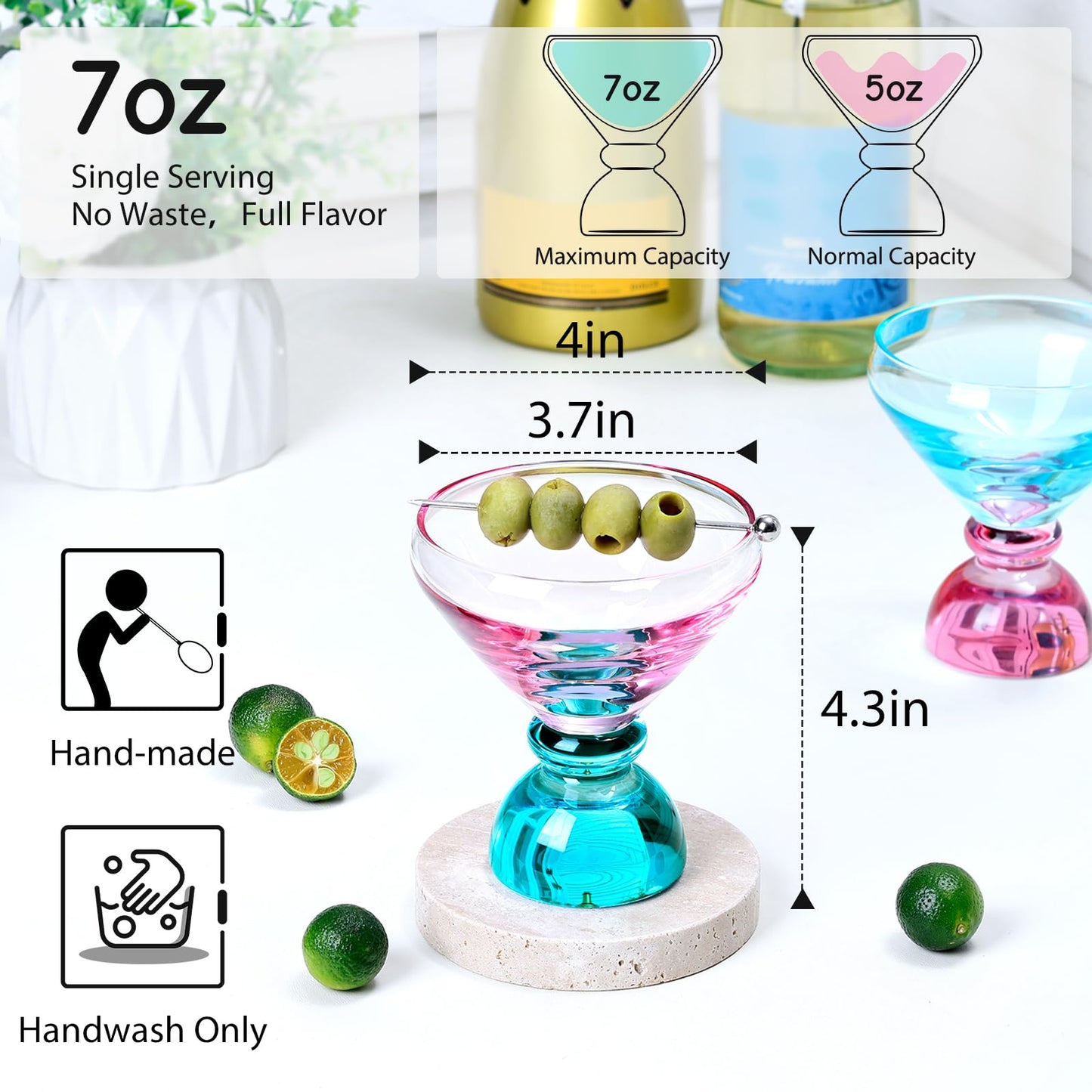 NUTRIUPS 7oz Hand-made Stemless Martini Glasses, Color-block Solid Glass Base Heavy-duty Cocktail Glasses, Aroma-Locking Rim Glasses for Home Bar Party Gifts (Botanical Flip Color Set)