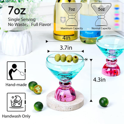 NUTRIUPS 7oz Hand-made Stemless Martini Glasses, Color-block Solid Glass Base Heavy-duty Cocktail Glasses, Aroma-Locking Rim Glasses for Home Bar Party Gifts (Jade & Rosé Switch Set)