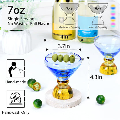 NUTRIUPS 7oz Hand-made Stemless Martini Glasses, Color-block Solid Glass Base Heavy-duty Cocktail Glasses, Aroma-Locking Rim Glasses for Home Bar Party Gifts (Azure & Mango Switch Duo)