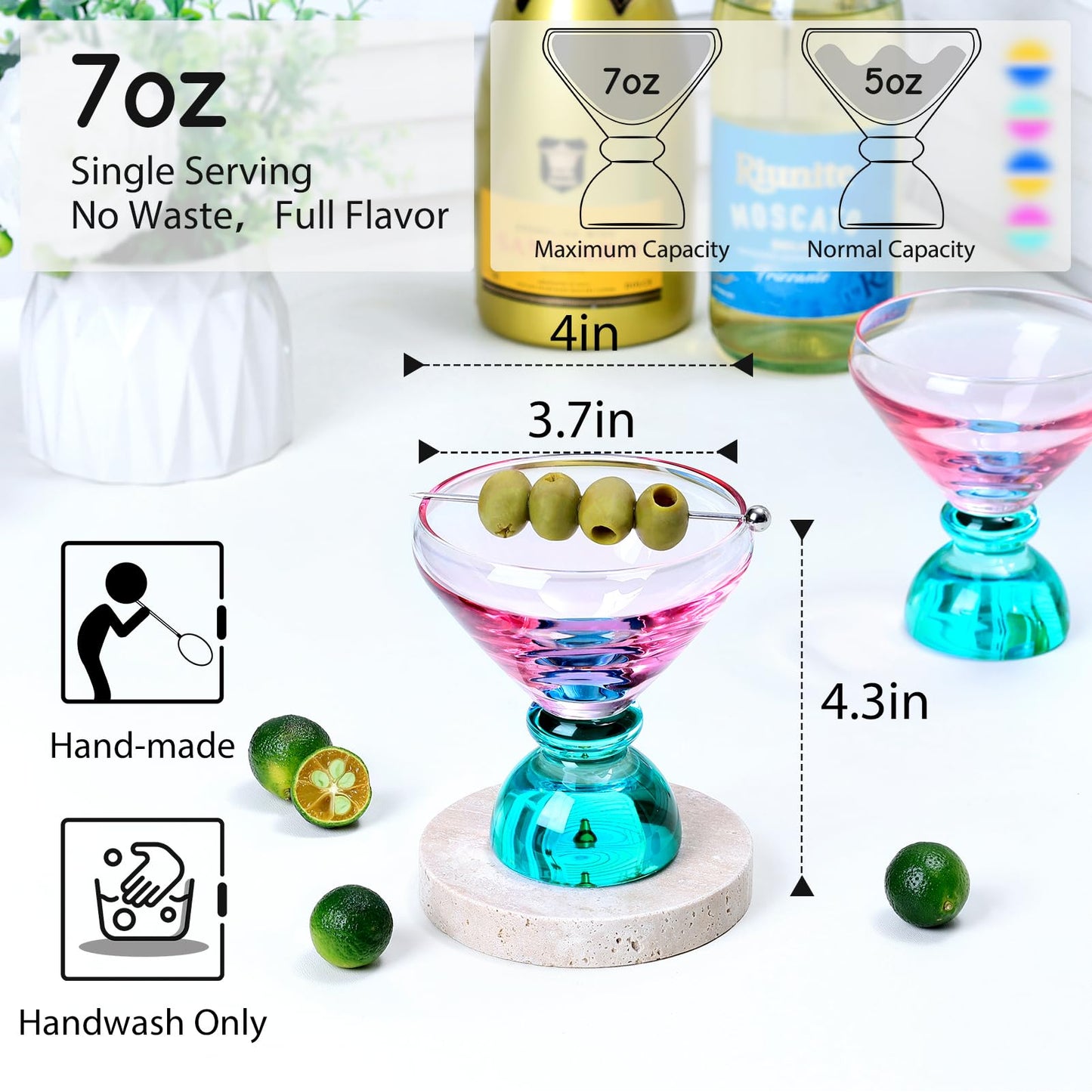 NUTRIUPS 7oz Hand-made Stemless Martini Glasses, Color-block Solid Glass Base Heavy-duty Cocktail Glasses, Aroma-Locking Rim Glasses for Home Bar Party Gifts (Sherbet Pink & Sage Pair)