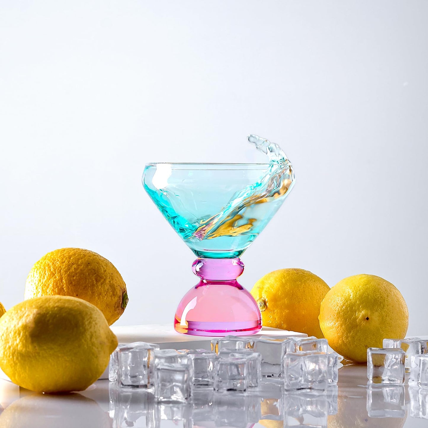 NUTRIUPS 7oz Hand-made Stemless Martini Glasses, Color-block Solid Glass Base Heavy-duty Cocktail Glasses, Aroma-Locking Rim Glasses for Home Bar Party Gifts (Jade & Rosé Switch Set)