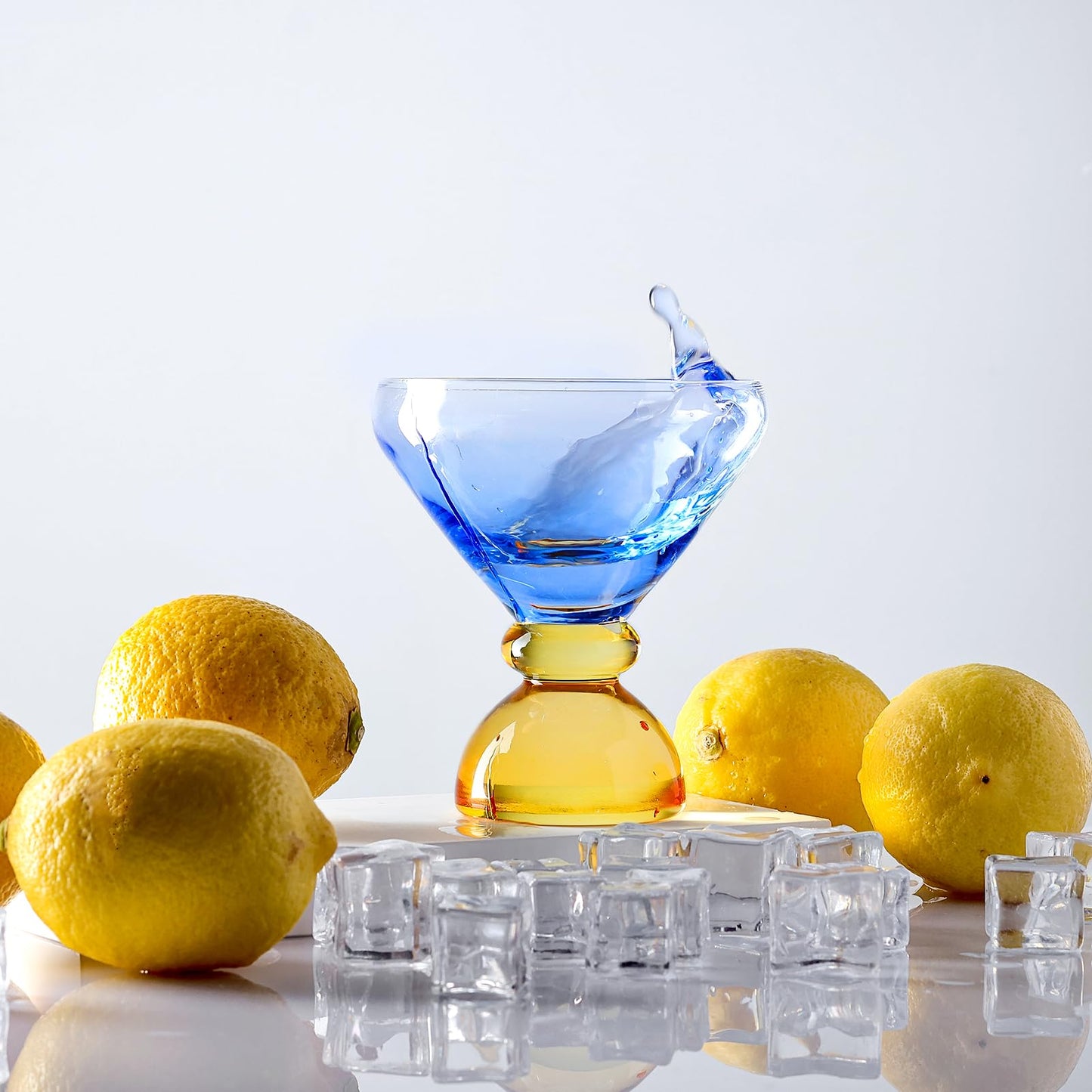 NUTRIUPS 7oz Hand-made Stemless Martini Glasses, Color-block Solid Glass Base Heavy-duty Cocktail Glasses, Aroma-Locking Rim Glasses for Home Bar Party Gifts (Azure & Mango Switch Duo)
