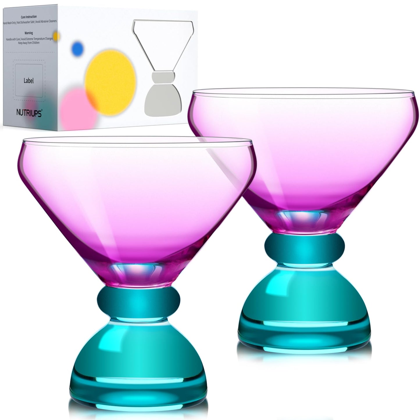 NUTRIUPS 7oz Hand-made Stemless Martini Glasses, Color-block Solid Glass Base Heavy-duty Cocktail Glasses, Aroma-Locking Rim Glasses for Home Bar Party Gifts (Sherbet Pink & Sage Pair)