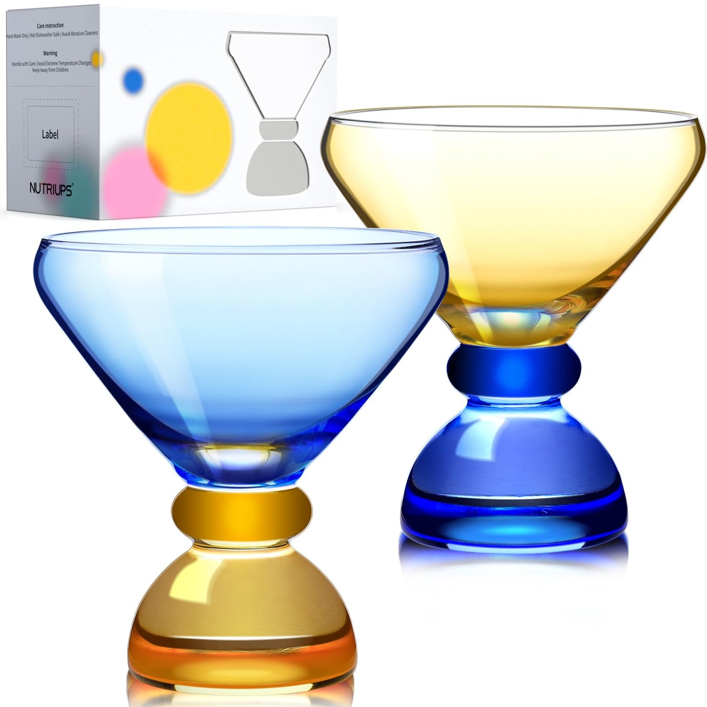 NUTRIUPS 7oz Hand-made Stemless Martini Glasses, Color-block Solid Glass Base Heavy-duty Cocktail Glasses, Aroma-Locking Rim Glasses for Home Bar Party Gifts (Sunny Coast Flip Color Set)